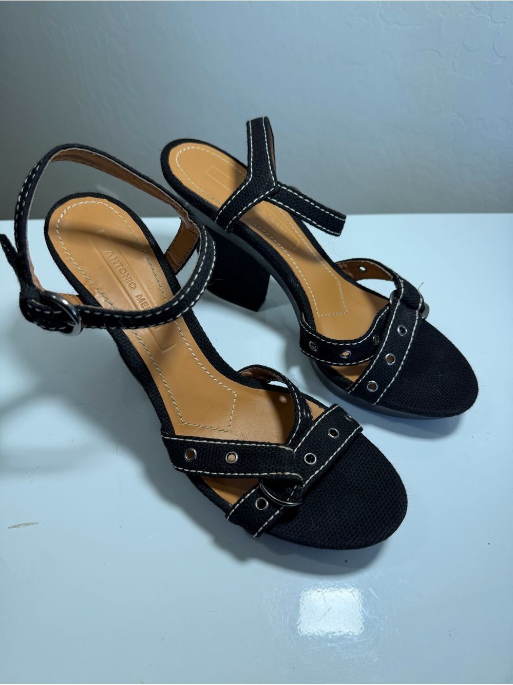 Antonio Melani Black Canvas Grommet Ankle Strap Block Heel Sandals - 9